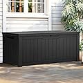 YITAHOME Outdoor Storage Box, 120 Gallon Waterproof Deck Box for Garden Tools, Patio Cushions, and Pool Accessories, Lockable, Easy Assembly, Versatile Bench or Table (Black)