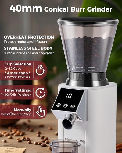 Image of Tuni G1 Conical Burr Coffee Grinder, 48 Grind Settings Anti-static Burr Mill, Precision Electronic Timer and LED Touchscreen for Espresso /Drip /Cold Brew /French Press, Stainless Steel, Ivory