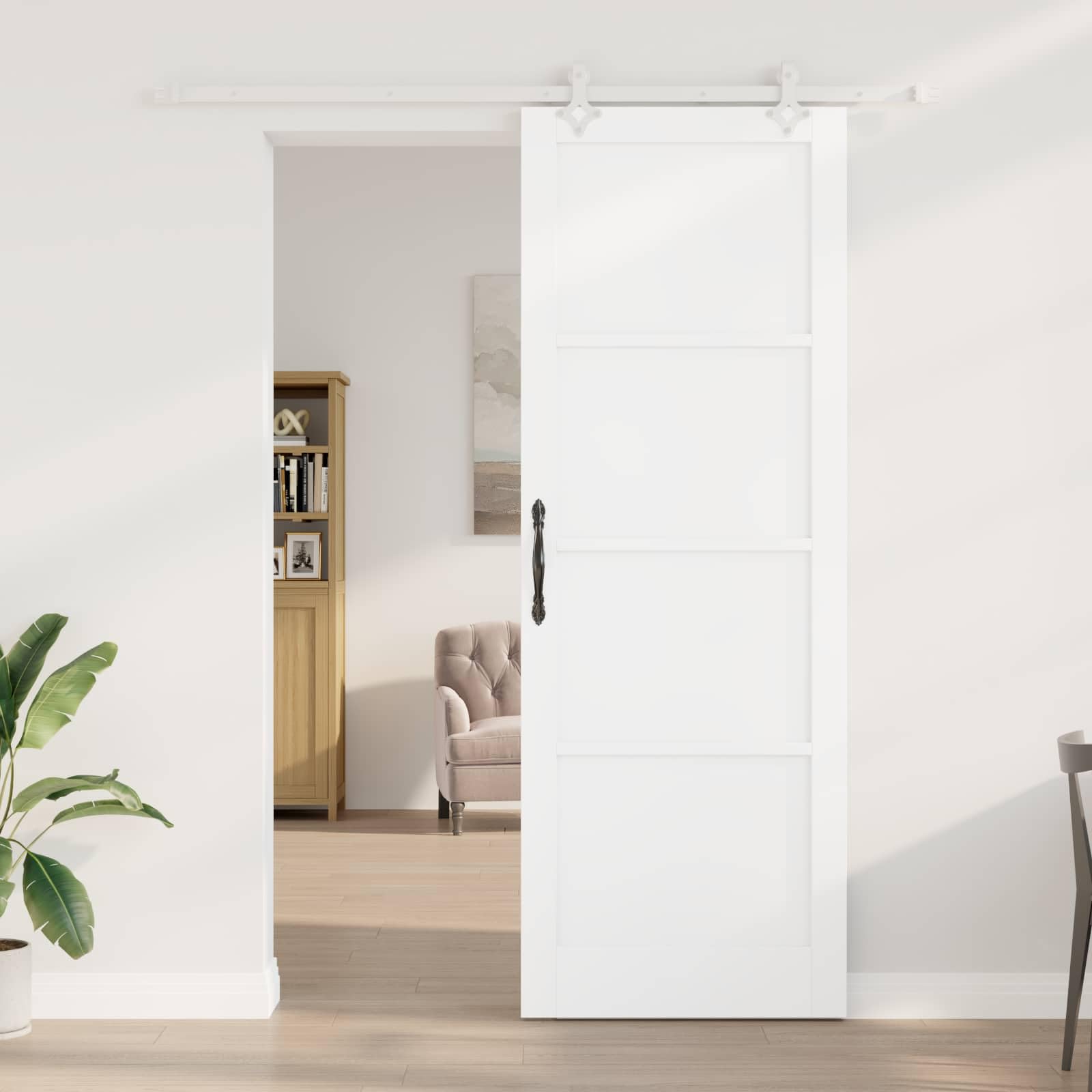 Schiebetür Weiß aus massivem Kiefernholz 83 x 232 cm mit pulverbeschichtetem Stahl-Schiebemechanismus für platzsparende Raumgestaltung und leises Gleiten in Wohnung und Neubau