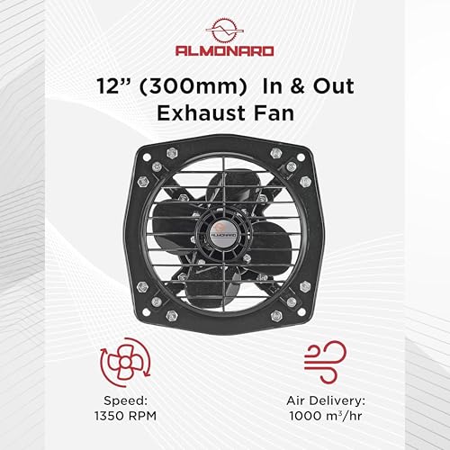 Image of Almonard 12 Inch (300mm) Reversible Exhaust Fan | 2-Way In & Out Airflow | 1350 RPM High Speed | 75W Copper Motor with Capacitor | Dual Ball Bearing | 2 Year Motor Warranty (Black)