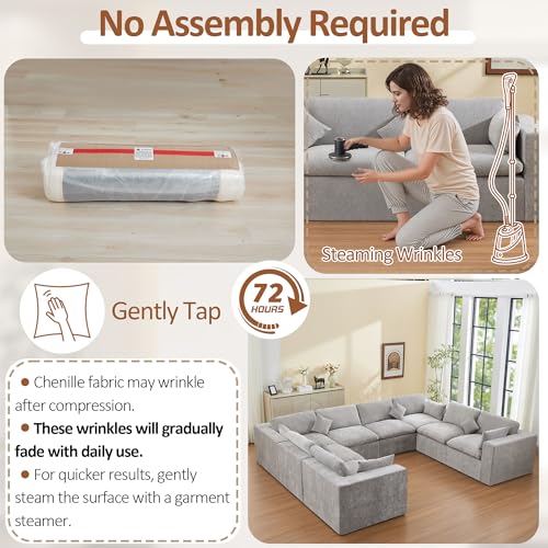 Image of 146''Cloud Boneless Sectional Couch, Modular Sectional Sofa Deep Seat, Oversized Upholstered Convertible Comfy 8 Seater Chenille Memory Foam Sofa U Shape Couches for Living Room, Light Grey