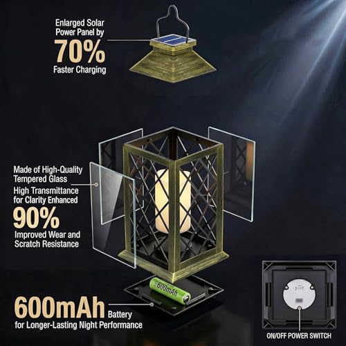 Image of 2 Pack 14 inch Large Tempered Glass Solar Lanterns Outdoor Waterproof | Bronze retro solar lantern with flickering flameless candles, ideal decoration for wall, porch, patio, table and garden.