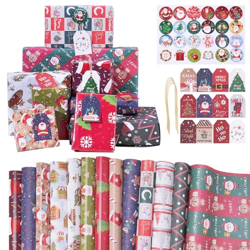 Greitsyy Embalagem de rolo de 70 cm x 50 m, papel Kraft impresso com padrão de Natal papel de embrulho reciclável para papel de embrulho de festa de Natal