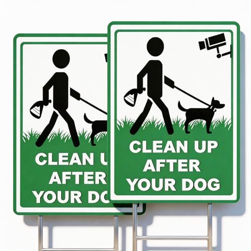 XFXHEYY Pick Up After Your Dog Sign 2 Pack 13x10 IN Clean Up After Your Dog Signs with UV Protected Waterproof Double-Sided No Pooping Dog Signs for Yard Lawn with H-Stake Metal Stakes