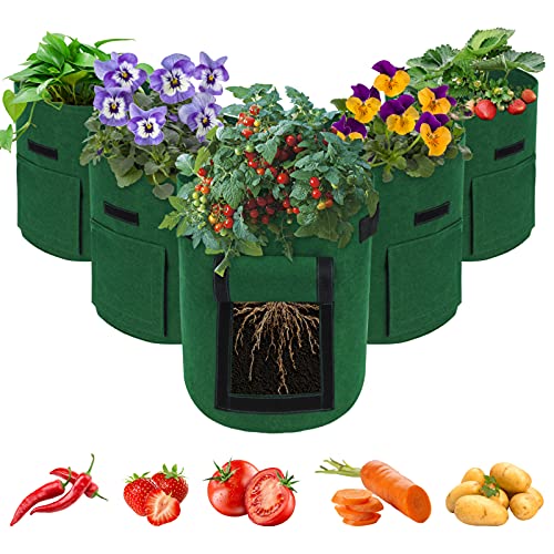 5 Pack Potato Grow Bags, 15 Gallon Vegetable Growing Bags with Window Flap and Handles, Breathable Felt Nonwoven Fabric Growing Bag for Tomatoes, Garden Flower Pots Plant Planting Containers(Green)