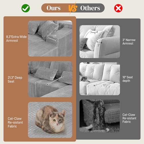 Image of 110 inch L Shaped Cloud Boneless Sectional Couches for Living Room, Modern Comfy Modular Deep Seat Memory Foam Compressed Corduroy Sofa Oversized Right Facing Chaise, No Assembly Required, Grey