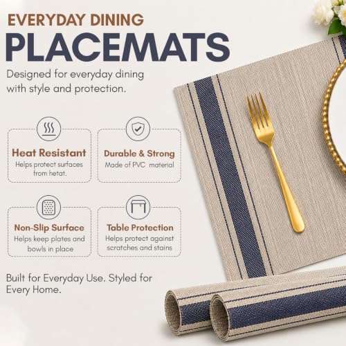Image of Solitude Set of 6 Dining Table Placemats | Non-Slip PVC Table Mats, Heat Resistant, Washable, Stain-Resistant Surface, (Beige & Blue, 45 x 30 cm)