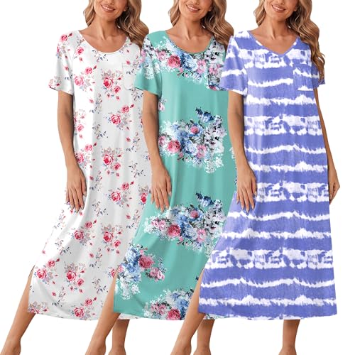 Ekouaer Long Nightgowns for Women 3 Pack Night Gown Short Sleeve House Dress V Neck Lounge Dress Plus Size Sleep ShirtsGP5 3X-Large