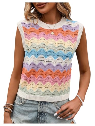 MakeMeChic Women's Colorful Crew Neck Sweater Vest Sleeveless Lightweight Pullover Tops
