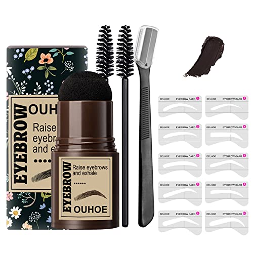 Eyebrow Stamp Stencil Kit, 10 Eyebrow Stencils with Eyebrow Pencil, Brush, and Trimmer, One Step Brow Stamp Kit, Waterproof & Natural Eyebrow Shaper, Hairline Shadow Eyebrow Powder Stick (Dark Brown)
