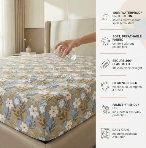 Image of VAS Collections Waterproof Fitted Bedsheet King Size (78x72+8 inches) with 2 Pillow Covers | Noiseless, Leakproof, All-Round Elastic (Blue, White & Light Brown, Fitted Bedsheet (78 X72 inch))