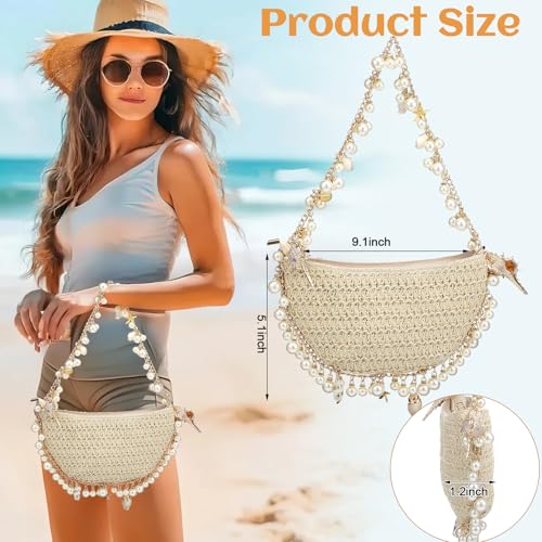 Abbylike Women Pearl Straw Clutch Purse, Summer Beach Evening Bag Beaded Straw Shoulder Handbag Women Shoulder Crossbody Bag for Wedding Summer Beach Travel Trendy Gift Party Favor2