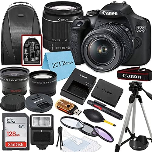 Canon EOS 2000D / Rebel T7 DSLR Camera with EF-S 18-55mm Zoom Lens + SanDisk 128GB Memory Card + Tripod + Case + Wideangle Lenses + ZeeTech Accessory Bundle (20pc Bundle)