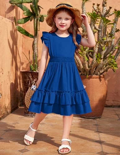 Image of Arshiner Girls Dresses Flutter Sleeve A-Line Sundress Casual Summer Tiered Swing Midi Pocket Dress