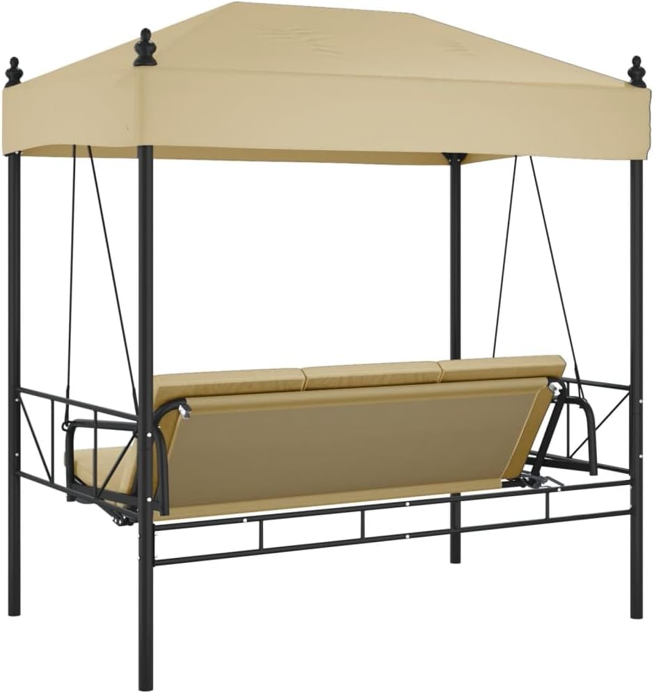 vidaXL Patio Swing Bench with Canopy – Outdoor Garden Furniture, 2-in-1 Chair/Bed, Sand Color, Powder-Coated Steel Frame, Cushioned Seat