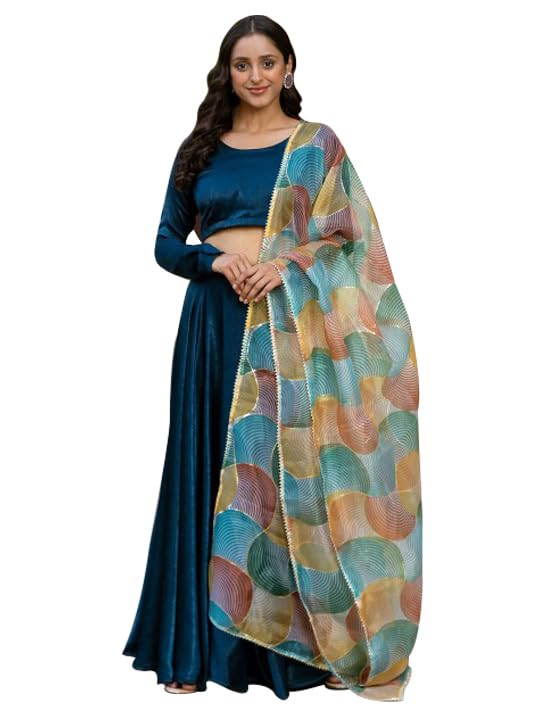 Navlakhi Women Multi Colour Navy Blue Coloured Full Sleeve Semi-Stiched Lehenga Choli Set | Redymade Lehenga | Unstitched Blouse | Printed Chunari