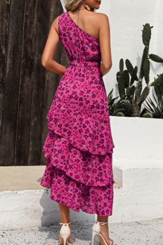 PRETTYGARDEN Women's Summer Floral Sundress Casual One Shoulder Tiered Ruffle Flowy Midi Beach Boho Dresses (Floral Rose Red,Small) - image 5