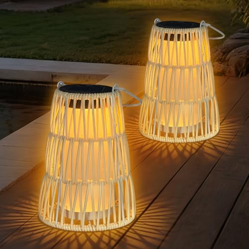 Lot de 2 Lampe Solaire Exterieur Jardin, IP65 Étanche Lanterne Solaire Exterieur, Tissage Artisanal Rotin Lumiere Solaire Exterieur,Suspendre/Perchées pour...