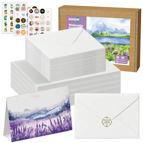 KOVIEDE 50 Pack Foldable Blank Watercolor Cards with Envelopes 4 x 6 Inch 140lb Heavyweight 100% Cotton White Acid-Free Water color Cards to Paint or Cards Making for Christmas Birthday