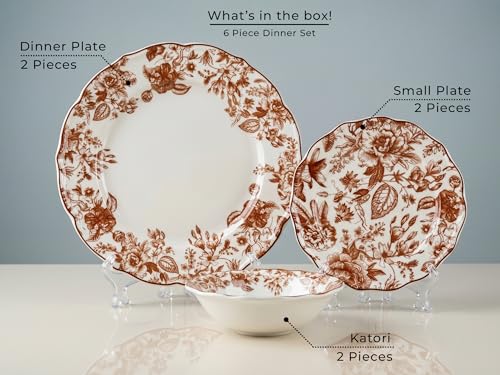 Image of Bodhi House Porcelain Dinner Set 6 Pieces - Brown Leaf White Dinnerware Set | 2 Dinner Plates, 2 Quarter Plates, 2 Katori Bowls | Premium Crockery Set for Dining, Kitchen & Gifting