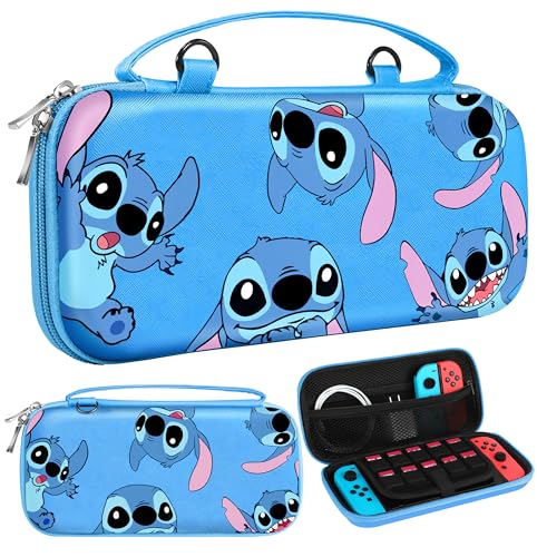 Xinocy for Switch OLED Carrying Case Cute Kawaii Design - Travel Cases Portable Storage Carry Protective Hard Shell for Women Girls Boys Teens for Nintendo Switch 2017/OLED 2021, Blue Stit