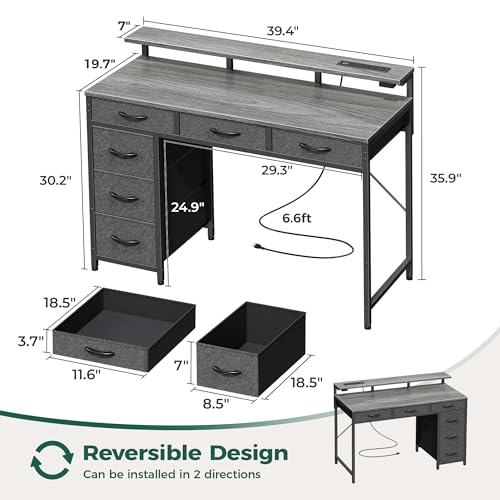Huuger Gaming Desk with 6 Drawers, Computer Desk with LED Lights Power Outlets and Type-C, 39 Inch Office Desk with Storage, Monitor Stand, Writing Desk Work Desk for Home Office, Bedroom, Study, Grey