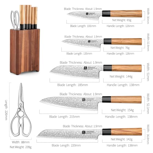 XINZUO 67 Strati in Acciaio Damasco Set Coltelli da 7 Pezzi, Portacoltelli Set di Coltello da Cuoco -Manico in Legno d'Ulivo-con Blocco Coltelli e Forbici da Cucina Multifunzione-con Scatola Regalo - immagine 6