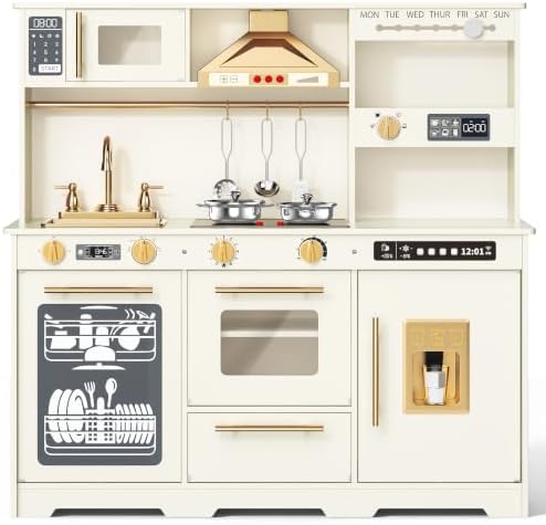 Kinder King Wooden Kids Play Kitchen w/Sounds, Storage, Accessories, Beige