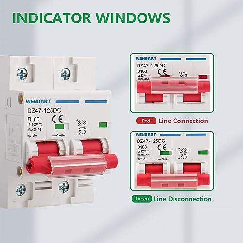 Wengart DC Miniatur-Leistungsschalter DZ47-63Z,2P 100A D-Typ MCB Sicherheitsschalter,DC500V Photovoltaik Schutzschalter für Solarenergie