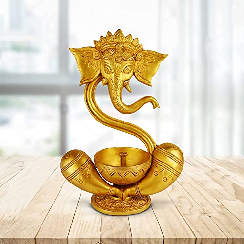 ARTVARKO Ganesha Ganesh Diya Stand Incense Burner and Diya Jyoti Deepak Oil Lamp Diwali Gift Tealight Loban Holder Aarti Stand for Home Office Temple God Puja Gold Color 8.5 Inch