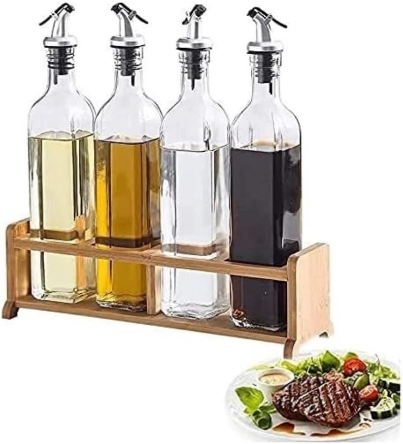 Oil and Vinegar Dispenser Oil and Vinegar Dispenser, 500ml Vinegar and Oil Bottles Set with Wood Holder,Glass Oil Bottle Drizzler Sauce Cruet cooking