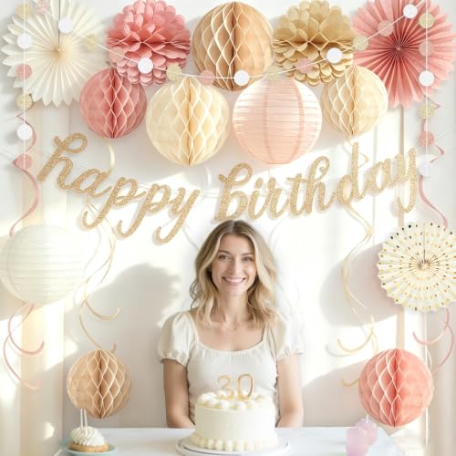 Image of Boho Pink Happy Birthday Decorations for Women Girls, Pre-Strung, 24pcs | Happy Birthday Banner, Honeycomb Ball, Paper Flowers, Lanterns, Fans, Streamers, Dots Garland for Birthday Party Decorations