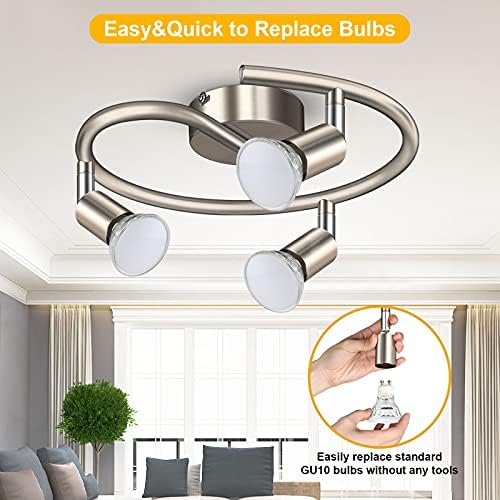Uchrolls LED Ceiling Light Round Rotatable,3 Way Modern Ceiling Spotlight for Kitchen, Living Room and Bedroom, Complete with 3X 4W GU10 LED Light Bulbs (450LM, Cool White))- Matte Nickel