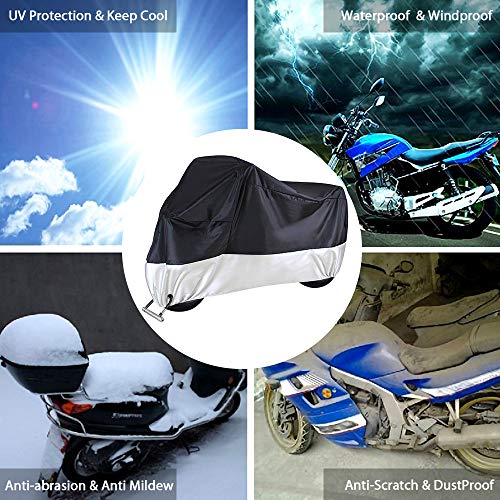 Acelane Motorcycle Cover, All Season Waterproof Outdoor Dustproof Durable Vehicle Cover with Lock Holes Fits up to 116 inches for Harley Davidson, Honda, Suzuki,Yamaha and More