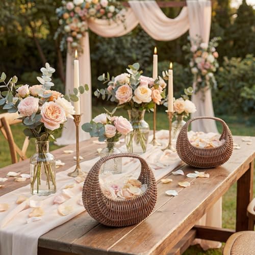 Image of Taiyin 3 Pack Rattan Flower Girl Basket Half Moon Straw Wicker Basket with Handle 6.7 inch x 6.5 inch x 4.3 inch Ideal for Wedding Flower Girl, Picnic, Garden Storage and Home Decor (Brown)