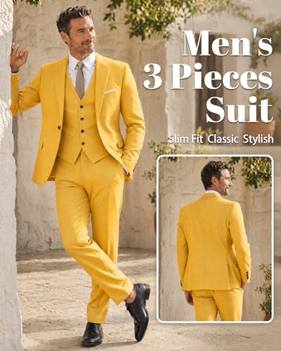 Image of MY'S Men's 3 Piece Suit Set with Tie, One Button Slim Fit Solid Jacket Vest Pants, Prom Party Wedding Business Suits for Men
