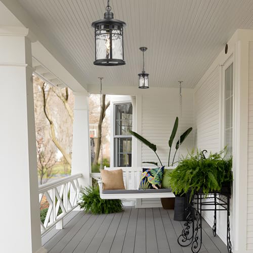 Image of Darkaway Dusk to Dawn Outdoor Pendant Light, 14inch Hanging Porch Light Outdoor Chandelier Ceiling Mount Waterproof Pendant Lights with Water Ripple Glass for Patio Entrance Foyer Entryway