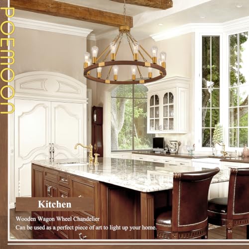 Image of Gold Wooden Wagon Wheel Chandelier 12-Light 31.5 inch Light Fixture