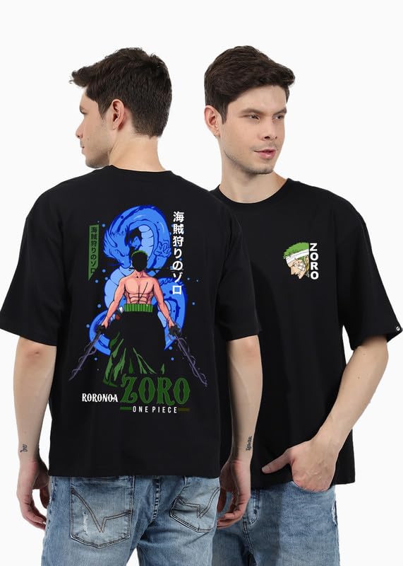 PRONK Zoro Men Oversized 100% Cotton Crew Neck Drop Shoulder Baggy Fit Half Sleeve T-Shirt Anime Digital Print