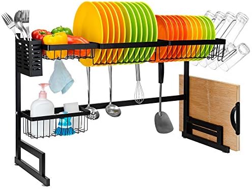 SANNO Large Over The Sink Dish Drying Rack, Dish Drainer Shelf for Kitchen Supplies, 2-Tier Utensils Cutlery Holder Storage Rack for Kitchen Counter Organization, Black Stainless Steel