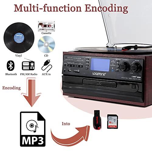 Looptone 10 In 1 Bluetooth In/Out Record Player 3 Speed Vinyl Vintage Turntable Cd Player Cassette Am/Fm Radio 2 Built In Speaker Usb/Sd Recorder Aux-In Rca Line-Out #TOP5