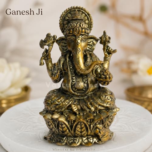 Image of Brass Ganesha Idol, Vastu Remedy for Obstacle Removal (6 Inch, 630 g)