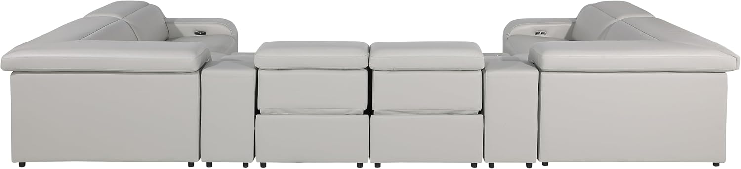 Blackjack Furniture Ibero 8-Piece Top Grain Italian Leather Sectional Reclining Sofa Set with 4 Power Recliners, Power Adjustable Headrests, USB, Wireless Phone Charger & Console Storage, Light Gray
