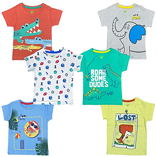 Image of Pack of 6 Baby Boys and Girls 100% Cotton Printed Regular fit Tshirts with Shoulder Poppers (0 to 24 Months)