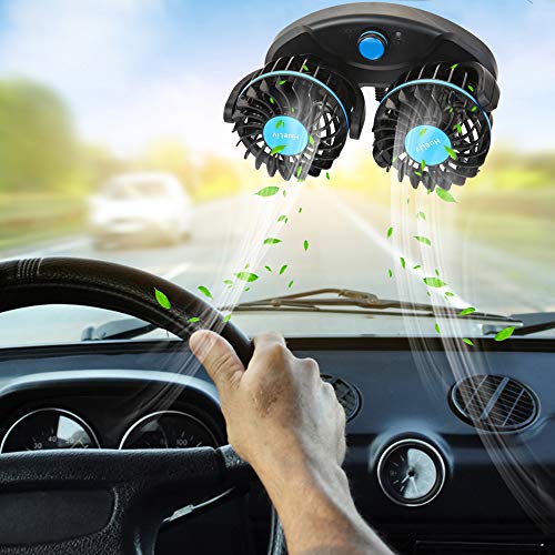 Car Fan 12V, Electric Car Cooling Fan with 360 Degree Adjustable Dual Head That Plugs into Cigarette Lighter/Low Noise Automobile Vehicle Fan for Car Truck Van SUV RV Boat
