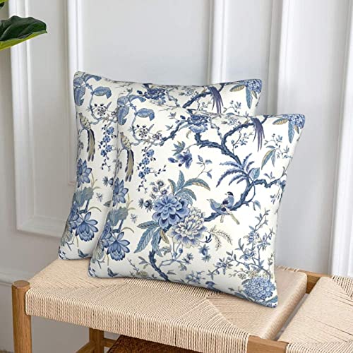 Chinoiserie Blue And White Throw Pillow Covers Set Of 2 Birds Flowers Decorative Pillow Case Outdoor Farmhouse Sofa Cushion Cover For Bed Living Room 18" X 18" #TOP1