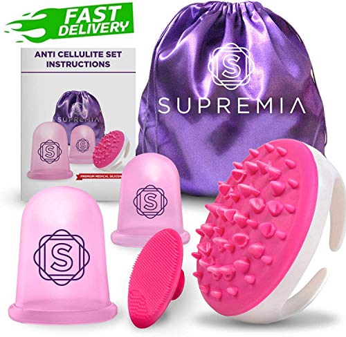 Anti Cellulite Vacuum 2 Cups Set Medical Silicone with Cellulite Massager Remover and Exfoliating Facial Brush for Perfect Body