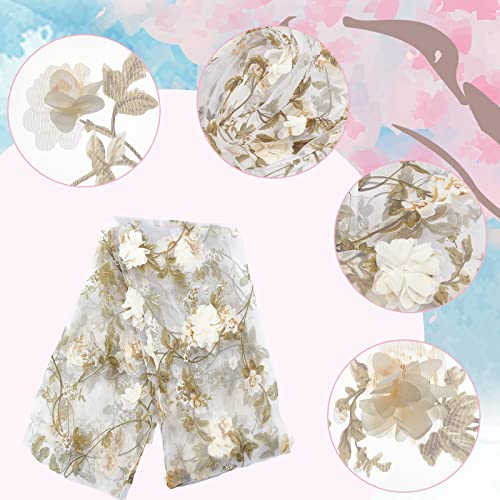 GORGECRAFT 55Inch Embroidered Flower Fabric 3D Organza Yellow Floral Chiffon Rose Leaves Vintage Lace Fabric Embroidery Applique Ribbons for Sewing Wedding Bridal Cloth DIY Crafts Supplies - Image 3