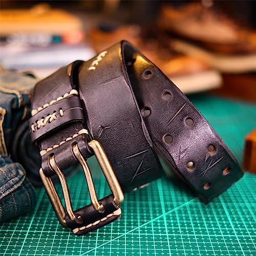 Men's Work Belt - Heavy Duty Genuine Full Grain Leather Vintage Distressed Double Prong Belts,2 Holes Jeans Waist Belt3