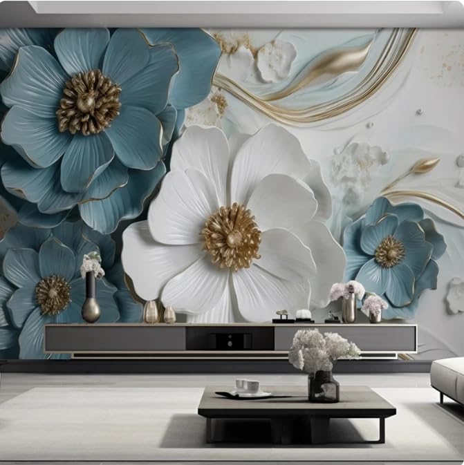 Papier peint 3D fleurs pour un salon chaleureux et un coin TV moderne